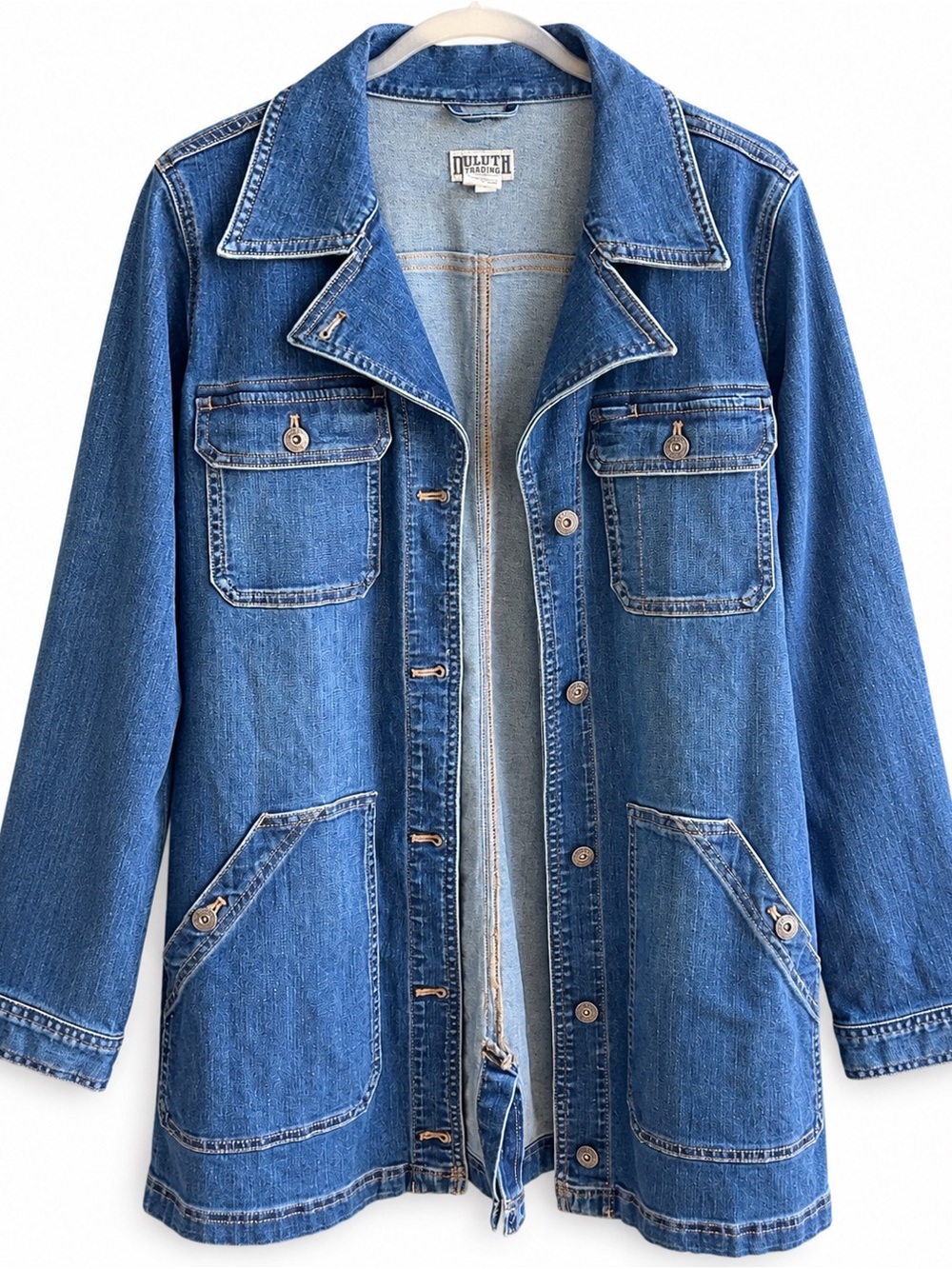 Duluth Trading Co Blue Denim Utility Chore Coat Longline Jacket - small